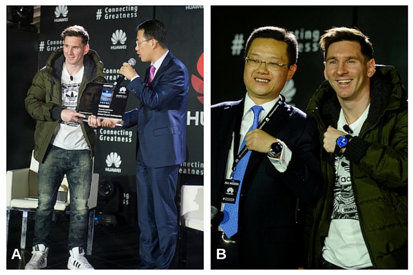 A: Kevin Ho, President, Handset Business, Huawei Consumer BG presenting Mate 8 to Lionel Messi. B: Tyrone Liu, CEO Consumer Business Group for Huawei Latin America displaying Huawei watch as a gift to Lionel Messi.