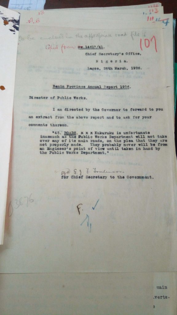 Correspondence of the Colonial Administration in Lagos from 1926 