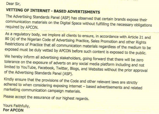 Nigeria’s advertising regulator, APCON, wants to regulate online adverts