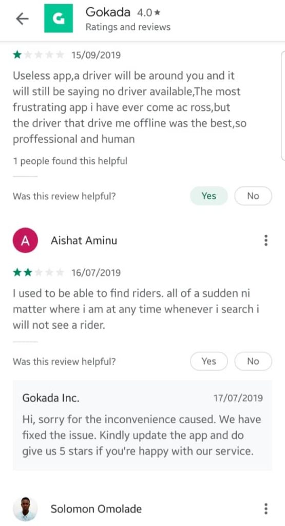 Playstore Reviews of the Gokada app