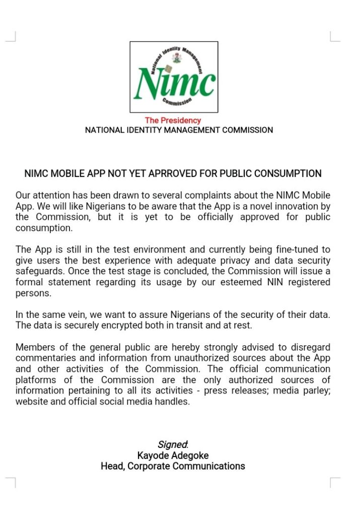 NIMC's press statement after pulling the National ID Card app off App stores