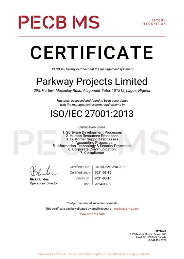 Parkway Projects  Achieves ISO/IEC 27001 Security Certification