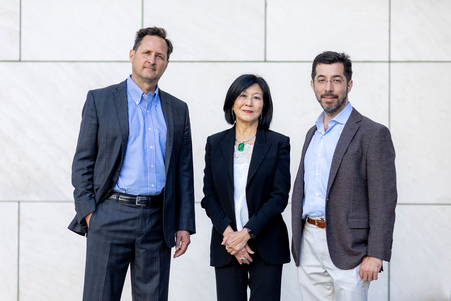 The new K. Lisa Yang Center for Bionics at MIT, made possible by a US$24 million gift from philanthropist Lisa Yang (center), will be led by Hugh Herr, professor of media arts and sciences at the MIT Media Lab (left) and Ed Boyden, the Y. Eva Tan Professor in Neurotechnology at MIT (right).