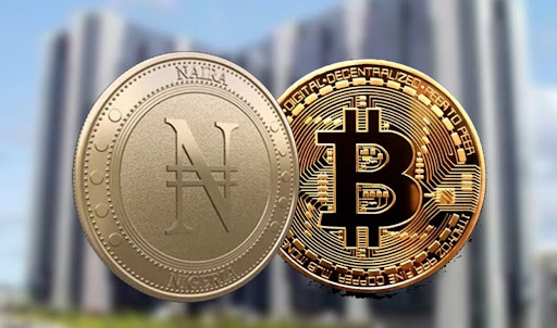 Naira + crypto coin illustration