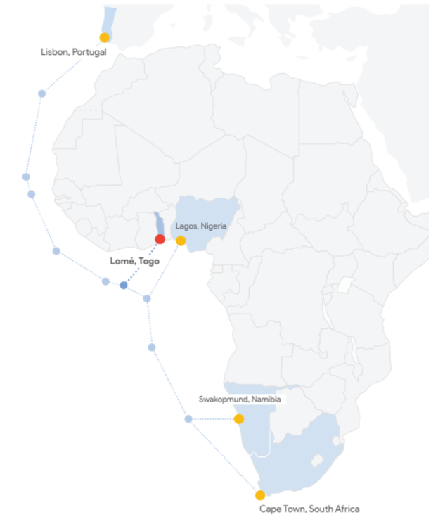 Map of Africa indicating Lisbon, Togo, and Cape Town landings with branching units