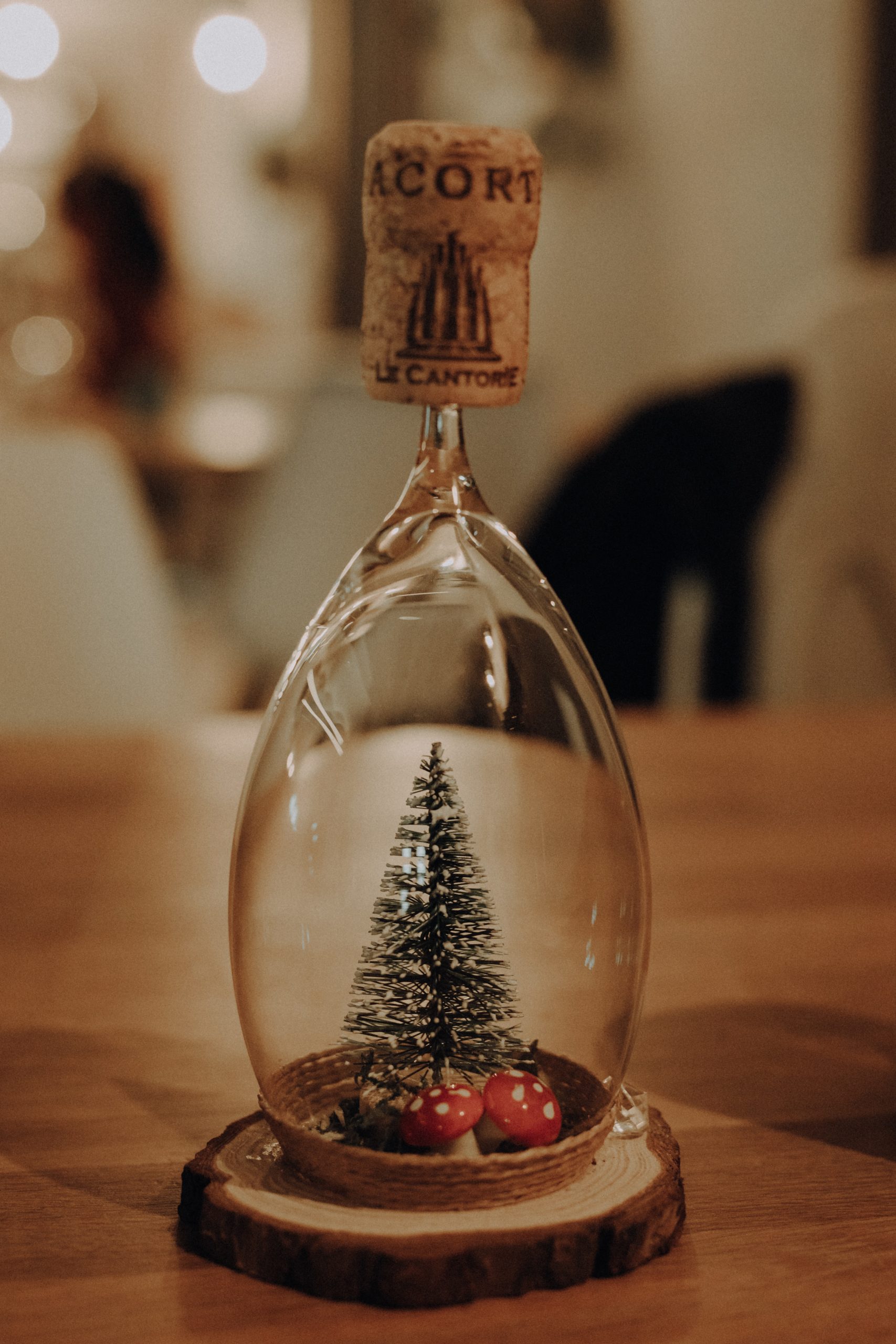 Am upside-down glass with a tiny Christmas tree in it.