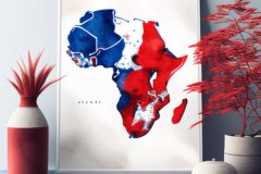 Midjourney prompt: 2d map of Africa painted in red white and blue --ar 6:3