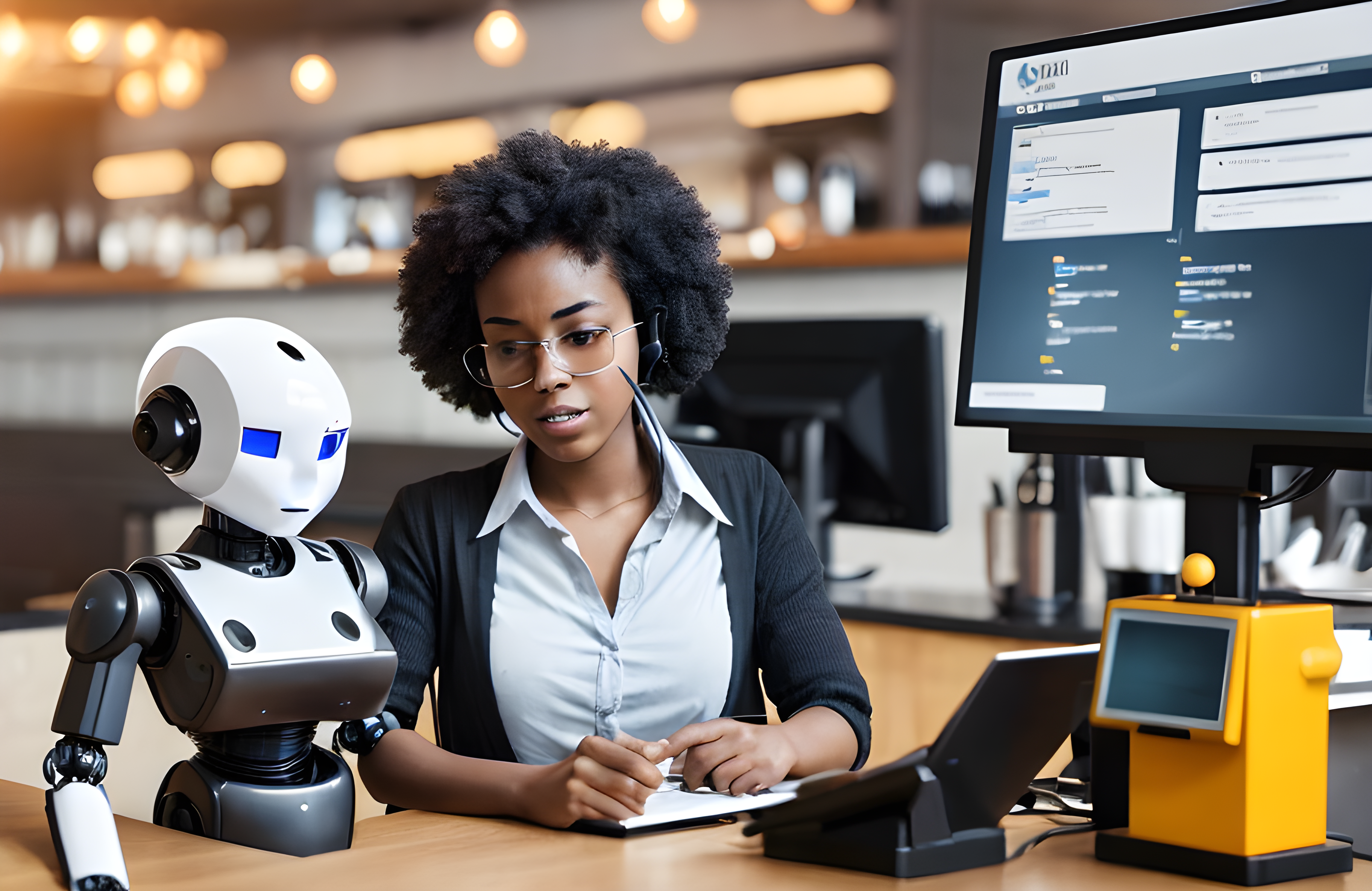 A robot assisting a customer care agent. Image generated using Playground AI. Prompt supplied by Muhammed Akinyemi