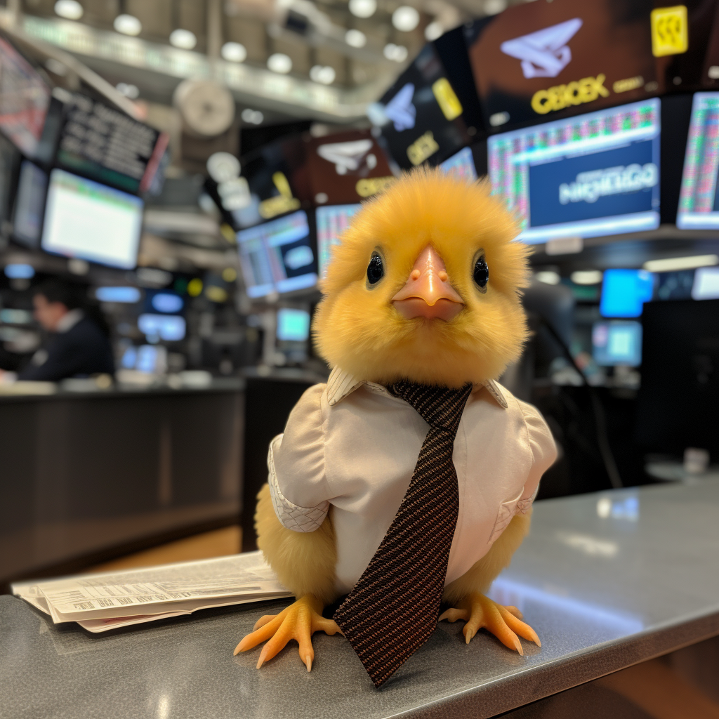 An AI-generated image of a chick wearing a shirt and tie on a desk at the floor of the New York Stock Exchange Courtesy: Midjourney. Created by user: @PirateAngel