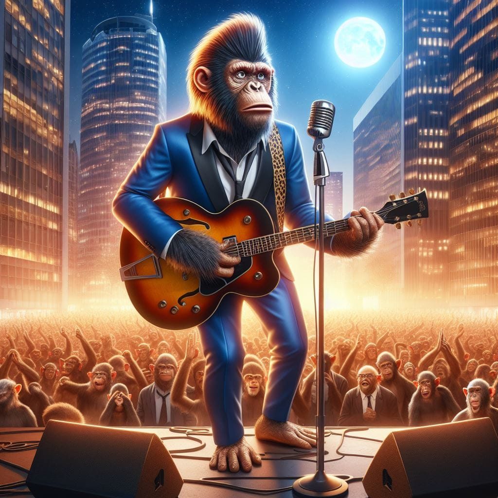 picture of an ape gorilla playing the guitar and wearing a blue beautiful suit looking handsome and performing in a big concert with the world of apes and monkeys cheering and in hd of the best free AI image generators 2024  with the picture looking like nft