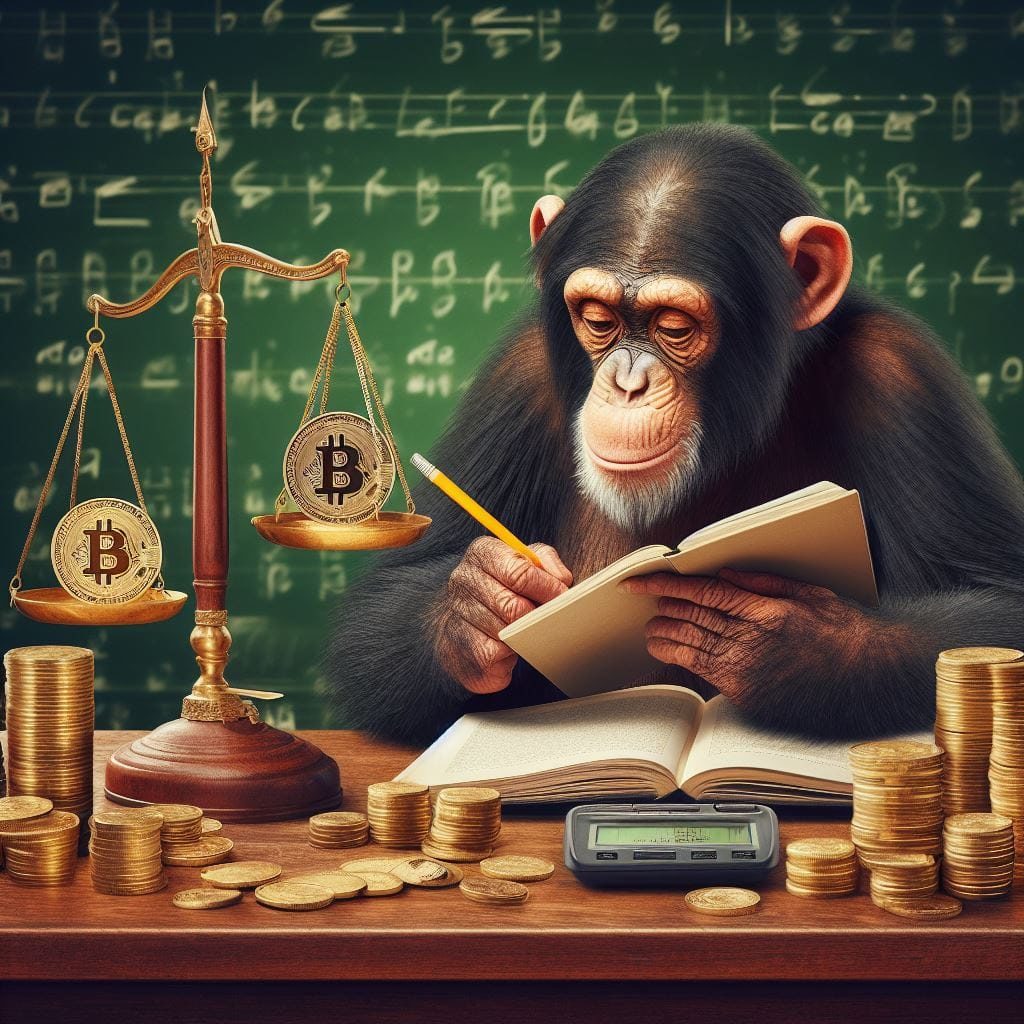 3 of the best free AI image generators 2024  with picture of ape or monkey that loves crypto and music and is reading a book with and a golden scale on the table and coins ittered. A very rich ape monkey looking like a perfect nft