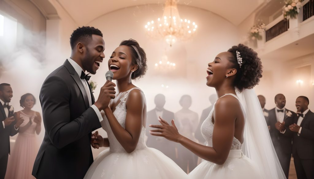 3 of the best free AI image generators 2024  with picture of Bride and groom singing and bridesmaid joining them as they are serenaded.