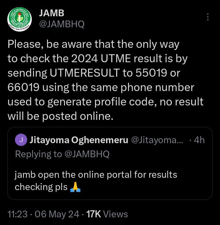 New JAMB results 2024 updates JAMB twitter handle 