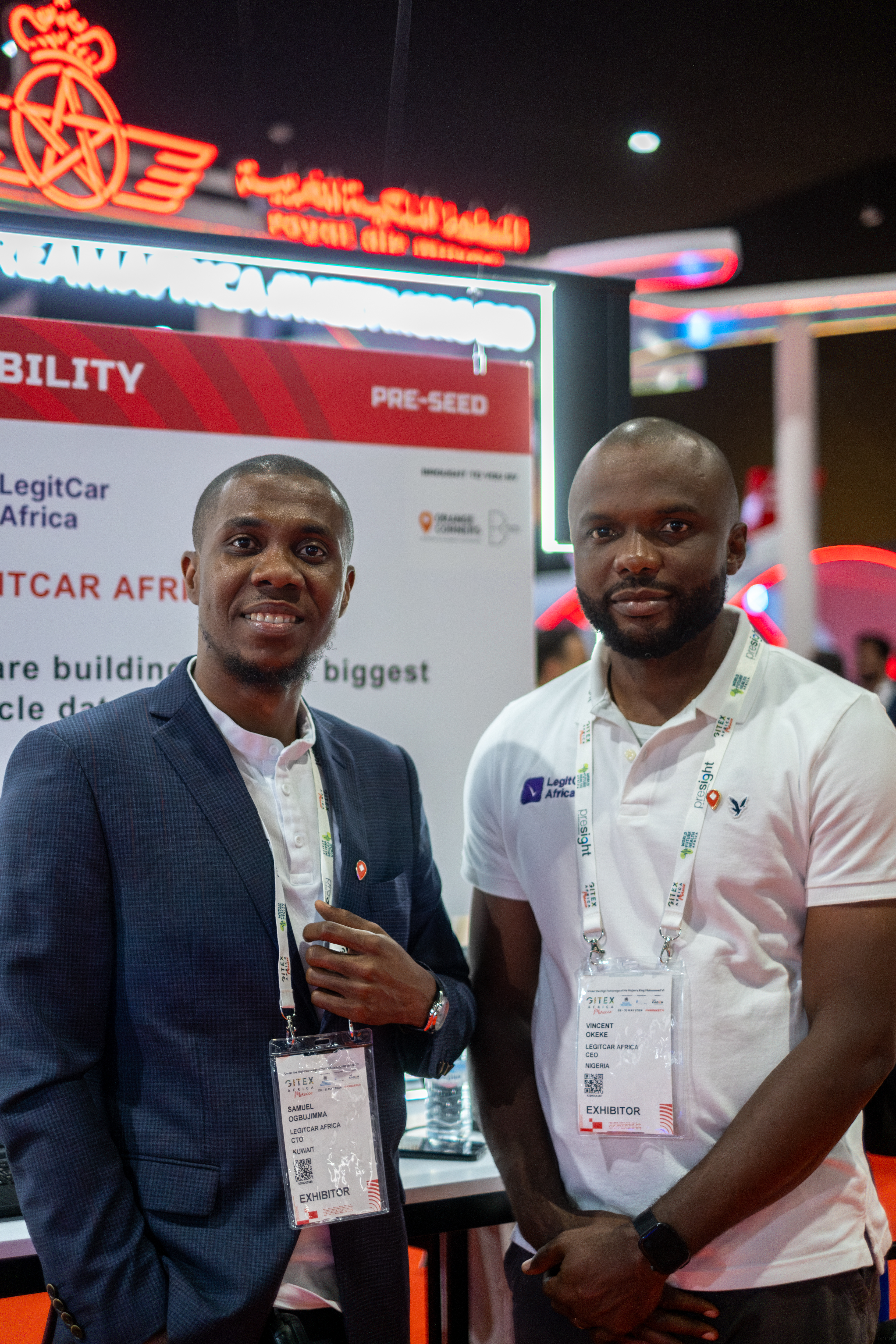 Image of Legit car cofounders at the GITEX conference. Left image: Samuel Ogbujimma (CTO). Right image: Vincent Okeke (CEO)