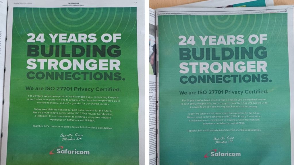 Safaricom ran ads in The Standard and The Star