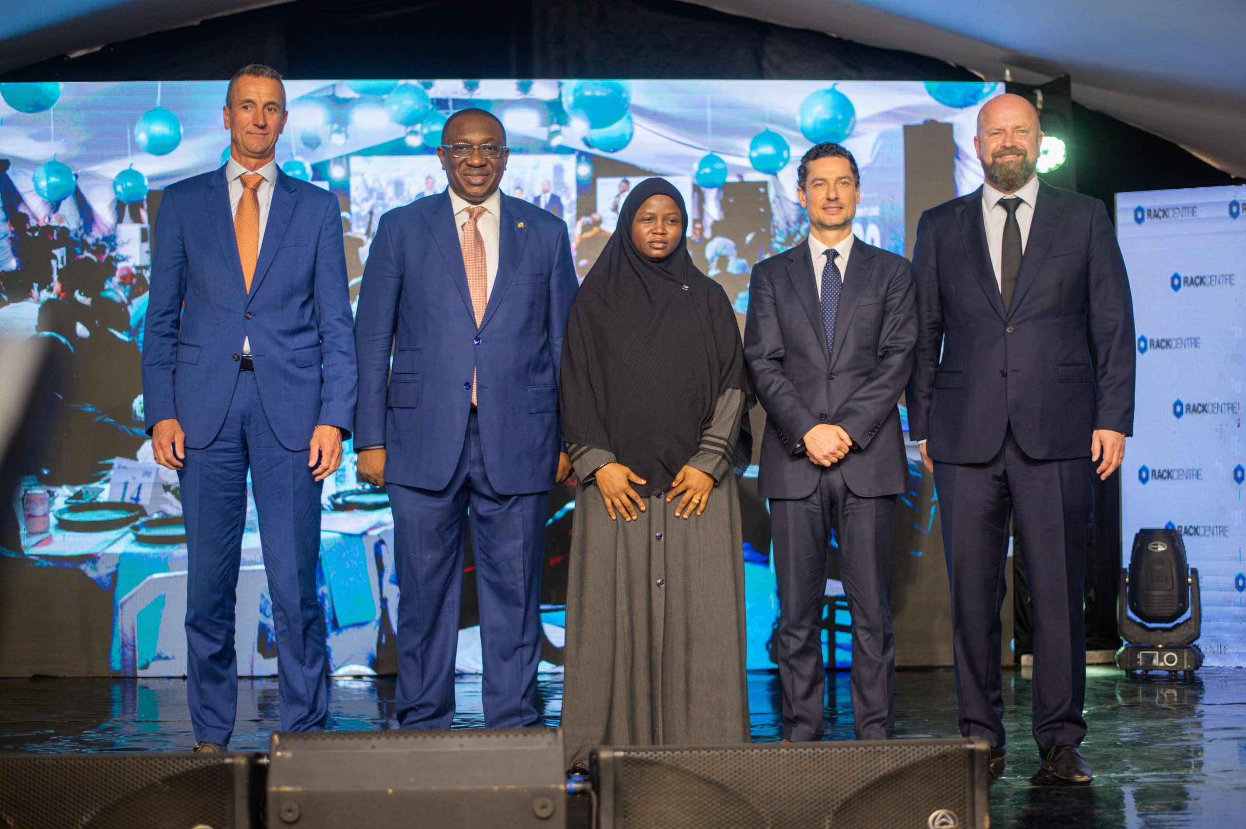 L-R: Group Chief Executive Officer, Rack Centre, Jasper Lankhorst; Deputy Chief of Staff to the Lagos State Governor, Mr.Sam Egube; Head, Innovation and Digital Inclusion, National Information Technology Development Agency(NITDA),South  West Zone, Dr.Falilat Jimoh; Chairman, Jagal Group, Mr. Maher Jarmakani and Chief Executive Officer, Rack Centre, Lars Johannisson during the official commissioning of the 12MW LGS2 IT Load Data Centre facility in Lagos today.