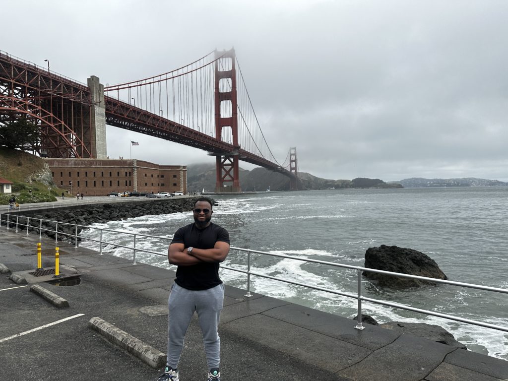 Fakorede at the famous Golden Gate Bridge, California, the suspension bridge connecting the city to Marin County across the Golden Gate strait