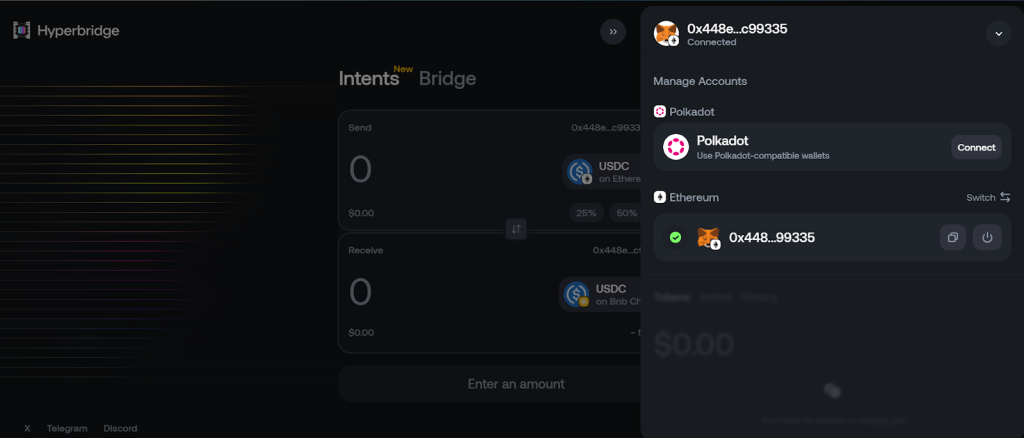 I tested the Hyperbridge’s Gateway Intent, its cross-chain swap product. First, I had to connect my Metamask wallet; Hyperbridge has different dApp wallet options, including Polkadot-based and EVM wallets, such as Talisman, Enkrypt, and others.