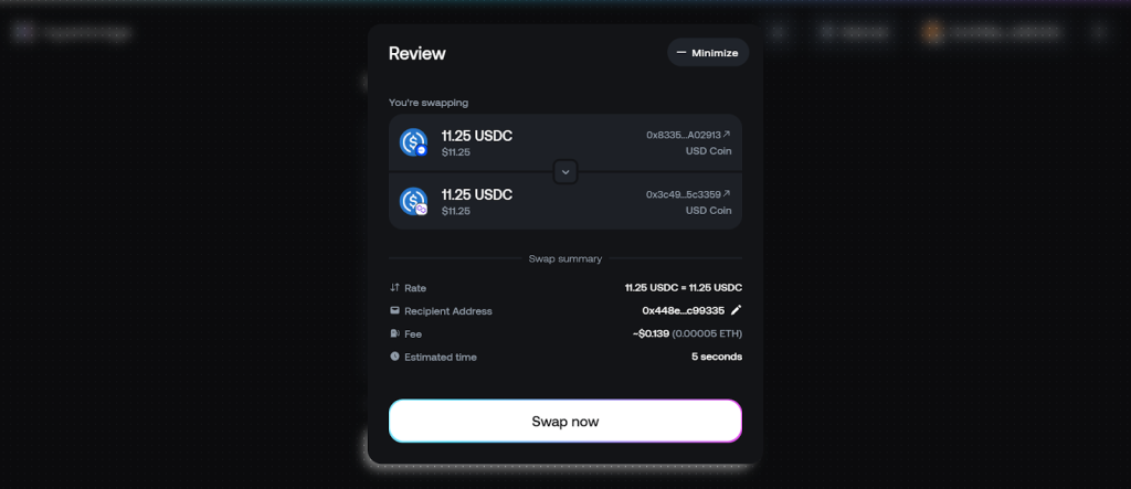 Once I connected my Metamask wallet, I tried to swap $11.25 USDC tokens from Base to Polygon.