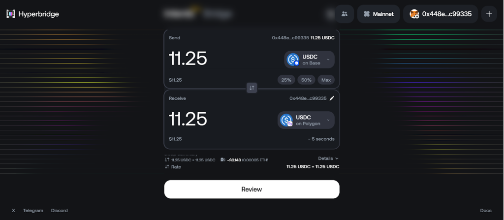 I confirmed and locked in the fees; note that you must have sufficient gas fees to settle transitions, as is customary in blockchain-based trades; in this case, I had pre-filled my wallet with Base Ethereum to cover gas fees.