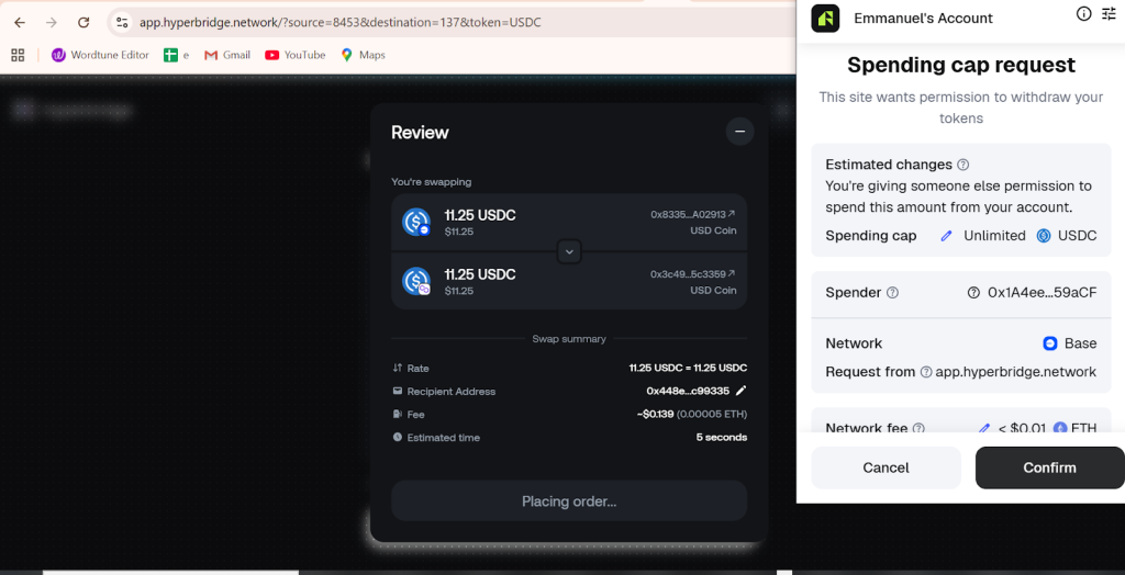 I confirmed the transaction in a window pop-up and bridged my USDC tokens from Base to Polygon