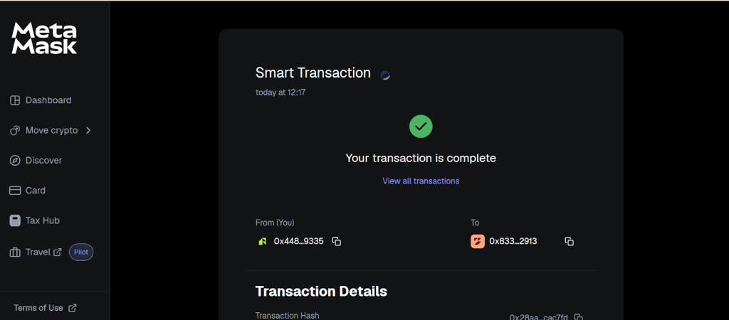 Transaction receipt on Metamask