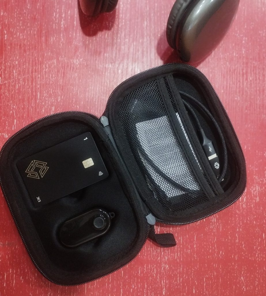 The Cypherock X1 hardware wallet, with the hard case containing the Vault and the smart cards, as seen