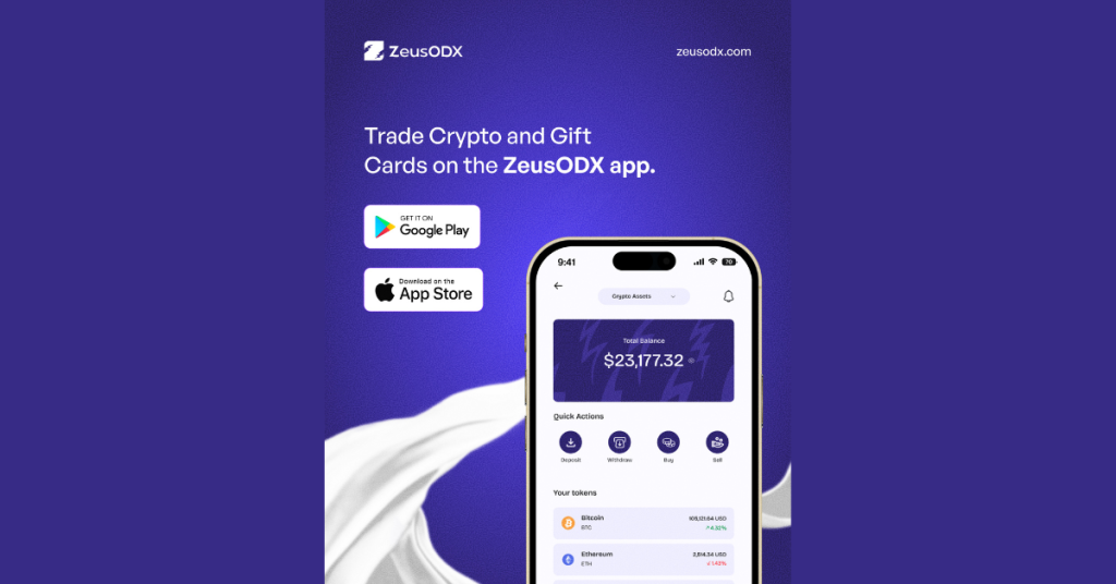 Trade crypto and gift cards on the ZeusODX app